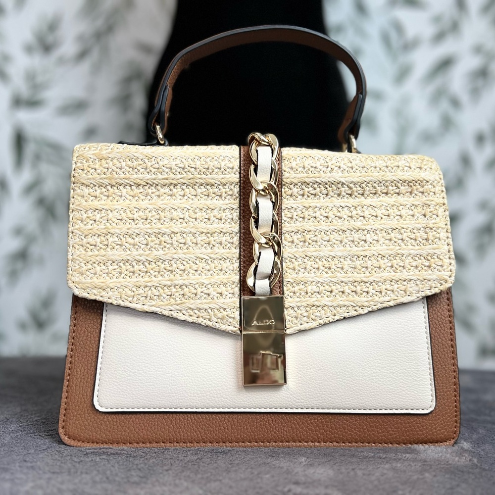ALDO with Brown/Cream Flap Closure Top Handle Crossbody Strap Gold Hardware Bag